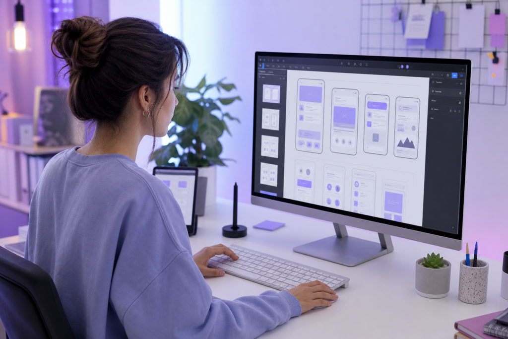 Дизайнер за работой в Figma — обложка статьи про старт в UX/UI